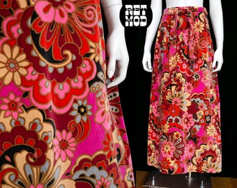 Insanely Beautiful Vintage 70s Pink Flower Power Velvet Maxi Statement Skirt