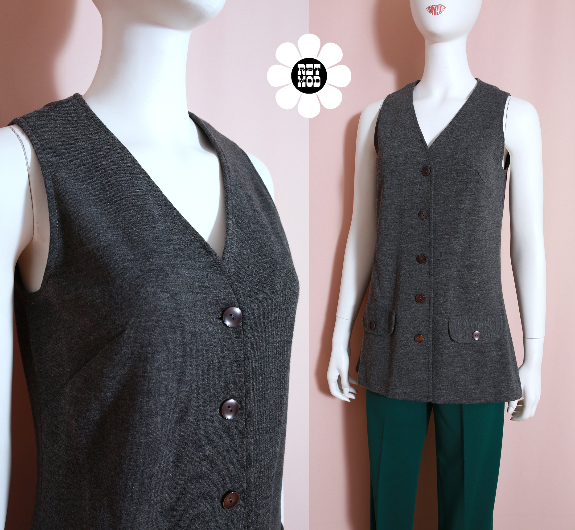 Mod Vintage 60s 70s Gray Heather Long Vest Top - Etsy