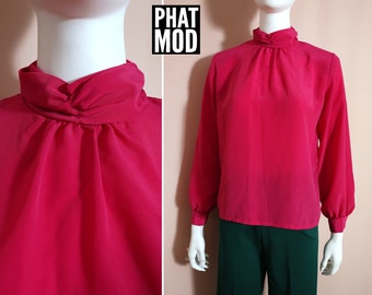 Vintage 80s 90s Dark Pink Magenta High Collar Long Sleeve Blouse