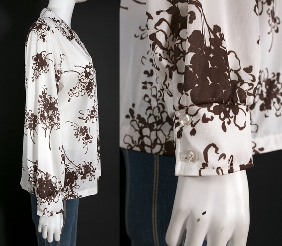 Lovely Vintage 60s 70s White Brown Floral Long Sl… - image 7