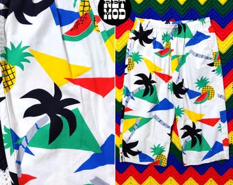 Epic Vintage 80s Geometric Palm Trees & Fruit Statement Long Board Shorts