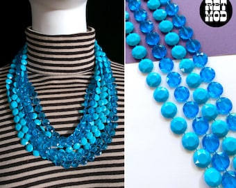 Mod Vintage 60s 70s Blue Faceted Plastic Beaded Long Necklace