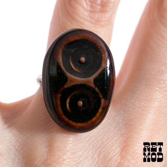 Unique 70s Brown Two Dots Ceramic Adjustable Ring - image 1