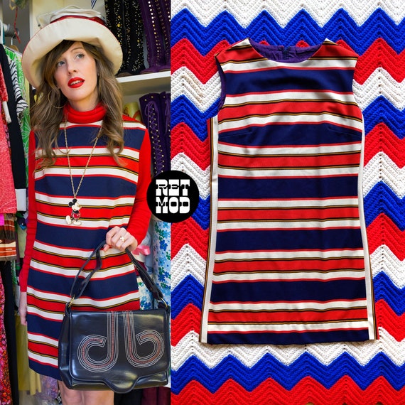 Mod Vintage 60s 70s Red Navy Off-White Stripe Sle… - image 1