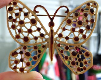 Broche Papillon Vintage En Laiton Estampé Avec Résine Multicolore - Occasion, Fabrication France