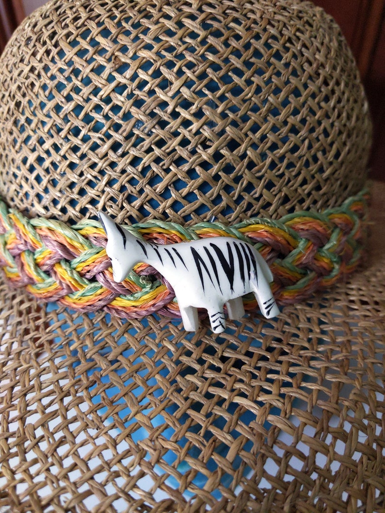 Vintage 80s Wood Animal Safari Straw Hat image 4