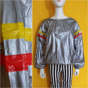 Rad Vintage 80s Gray Rain / Warm-Up Pullover Vinyl Jacket Top with Red Yellow Stripes image 1