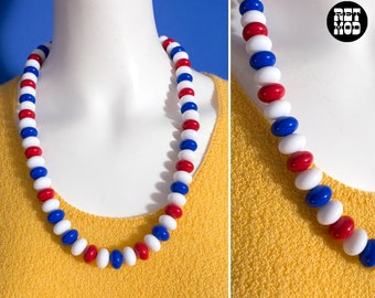 Fun Chunky Vintage 60s 70s Red White Blue Big Beaded Necklace