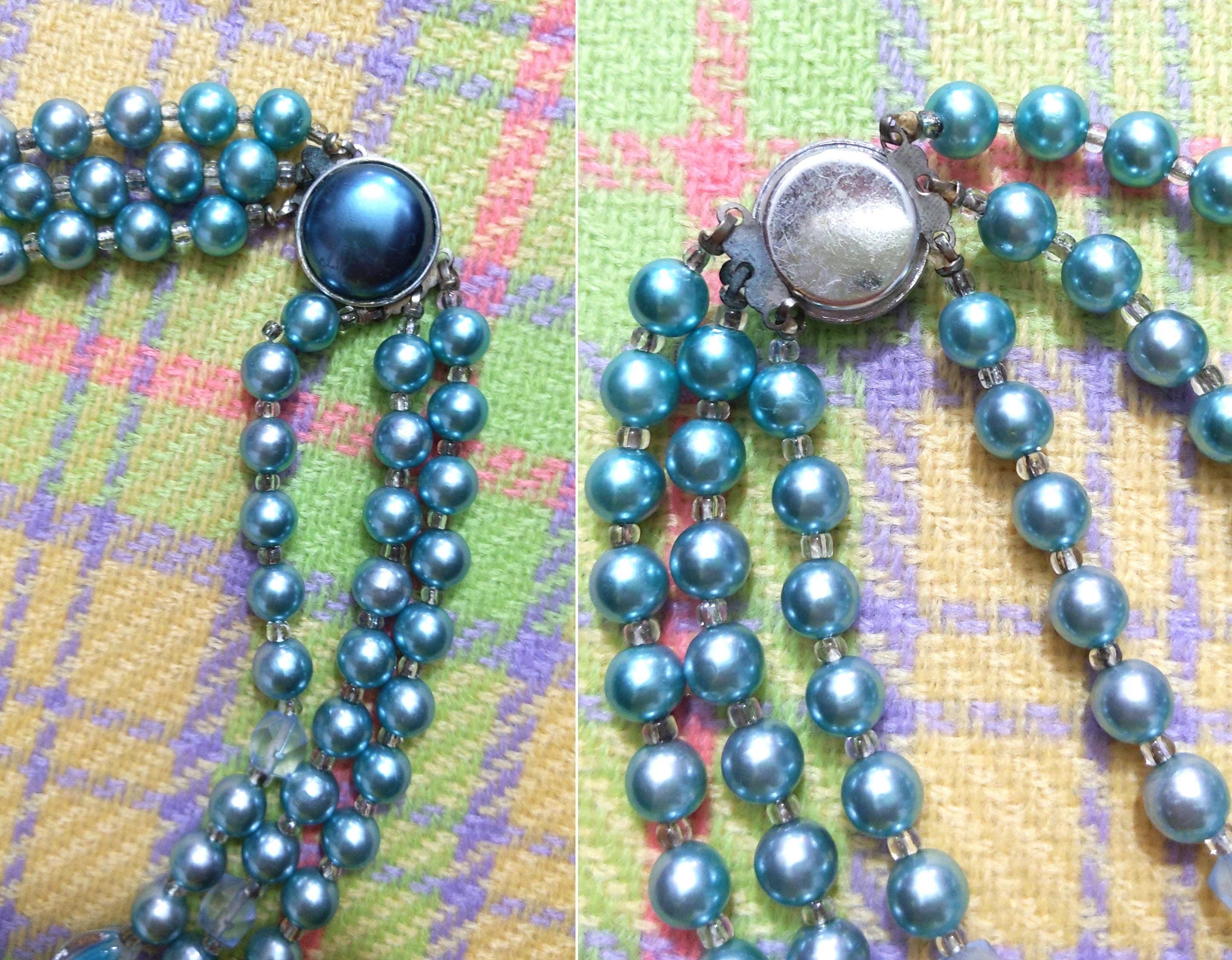 Collier Perles Murano Bleu - Multi-rangs - Pâte De Verre - Ancien
