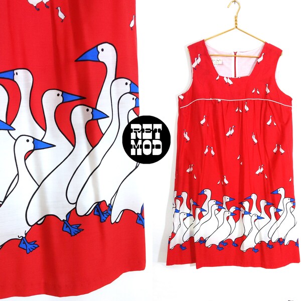 DEADSTOCK Unique Vintage 70s 80s Red White Blue Geese Novelty Print Cotton Dress