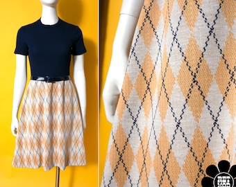 Iconic Mod Vintage 60s 70s Navy Blue Ribbed & Light Orange Beige Argyle Plaid Dress