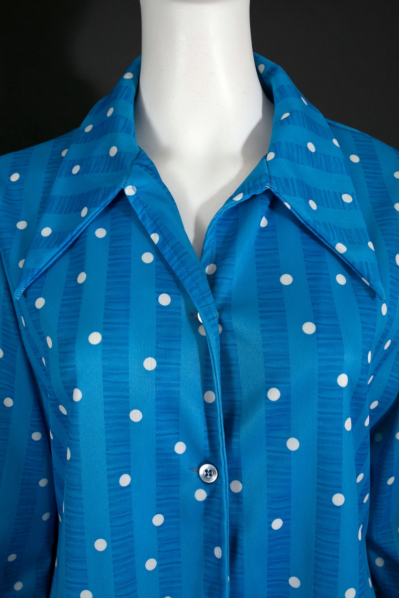 Pop Art Vintage 70s Blue & White Polka Dot Long Sleeve Collared Button Down Shirt PLUS SIZE image 4