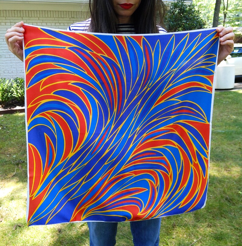 Psychedelic Vintage 60s 70s Blue & Red Abstract Patterned Square Scarf image 1