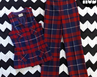 Conjunto de colete e calça xadrez vermelho e azul marinho de lã, estilo Mod Vintage anos 60/70.