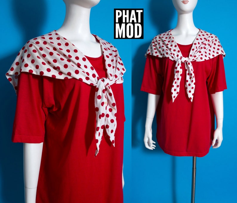 Cute Vintage 80s 90s Red & White Polka Dot Sailor Collar Oversized T-Shirt image 1