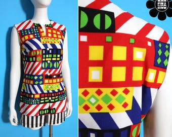 Outrageous Vintage 60s 70s Colorful Geometric Op Art Pop Art Sleeveless Statement Tunic