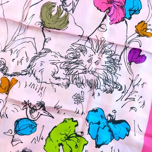 RARE Bright & Happy Lions Butterflies Vintage 60s 70s Pink Floral Square Scarf image 2