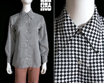 Iconic Vintage 60s 70s Black White Checkerboard Long Sleeve Dagger Collared Blouse