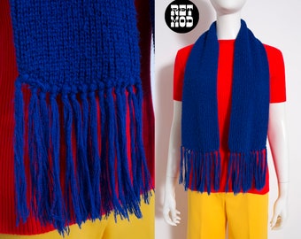 Gezellige Vintage jaren '60 '70 blauwe winter sjaal met franje