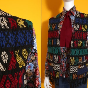 Nice Vintage 70s Black Rainbow Colorful Critters Woven Guatemalan Vest with Fringe image 7