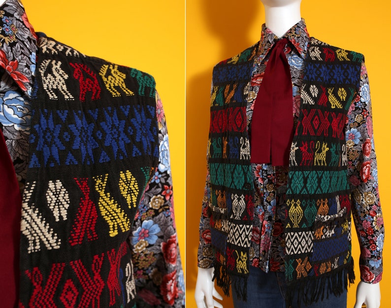 Nice Vintage 70s Black Rainbow Colorful Critters Woven Guatemalan Vest with Fringe image 7