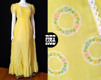 Süßes Vintage 60er 70er Maxikleid in leuchtendem Gelb mit Pastell Blumen Kreisen