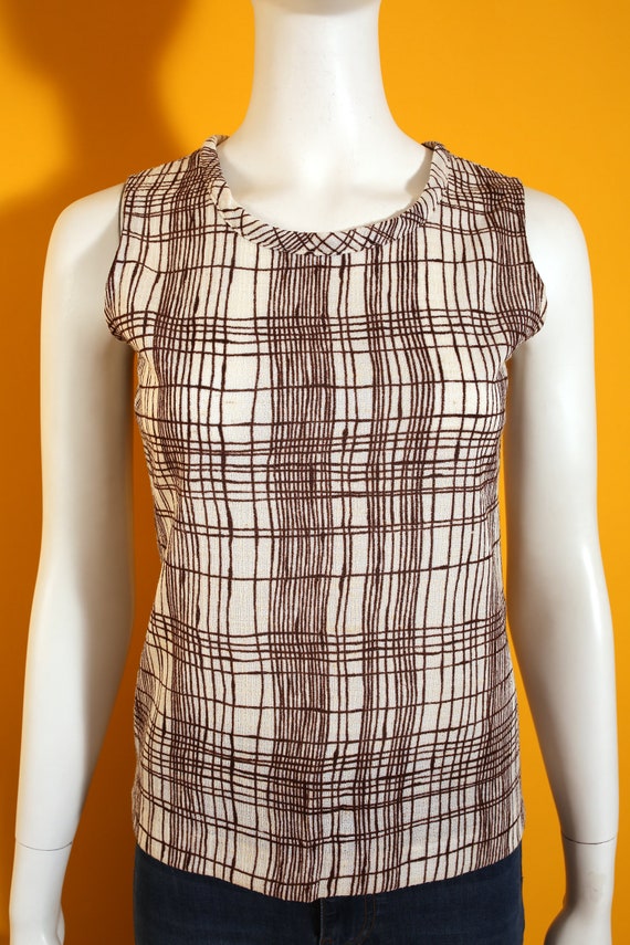 Cool Vintage 60s 70s Brown & Off-White Hatchmark … - image 2