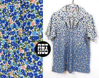 Cute Flower Power Vintage 70s Collared Short Sleeve Shirt by Shapely