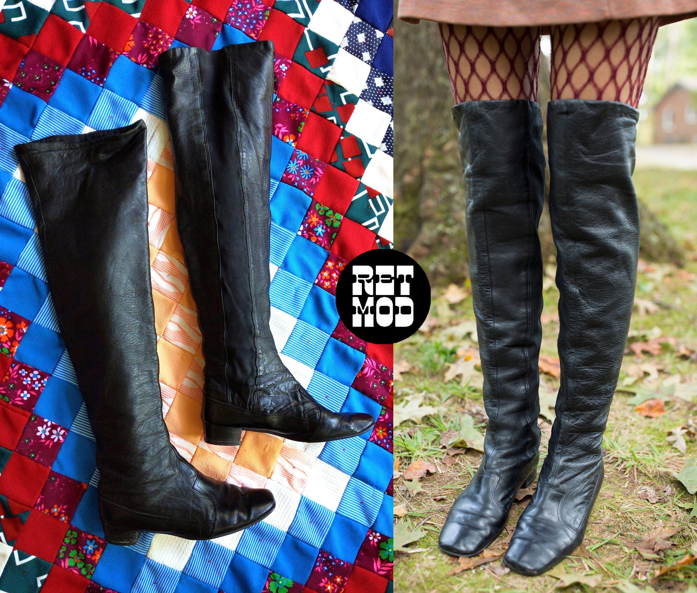 US 7.5/8 - SEXY VINTAGE 60s 70s Black Leather Over-the-knee Boots
