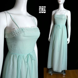 Lovely Vintage 70s Light Minty Green Cotton Maxi Dress with Pretty White Trim image 1