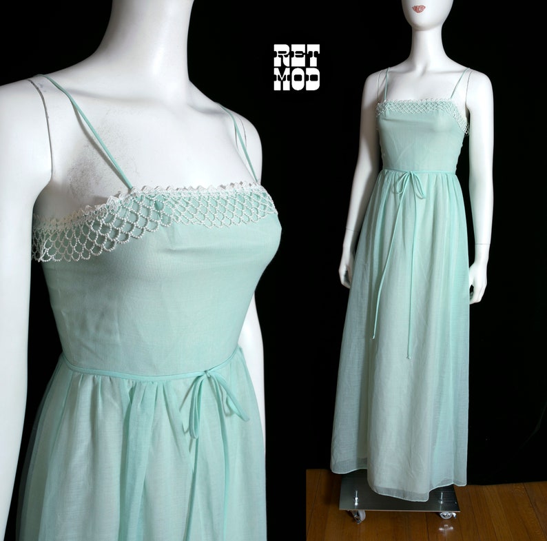 Lovely Vintage 70s Light Minty Green Cotton Maxi Dress with Pretty White Trim image 1