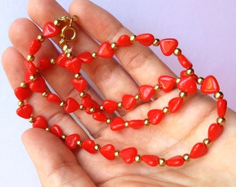 Super Cute Vintage 80s Red Hearts Beaded Necklace
