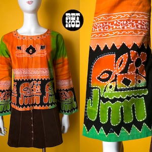 Einzigartige Vintage 70er Jahre Orange, grün, schwarz gefärbt ethnischen Hippie Baumwolle Bluse Shirt