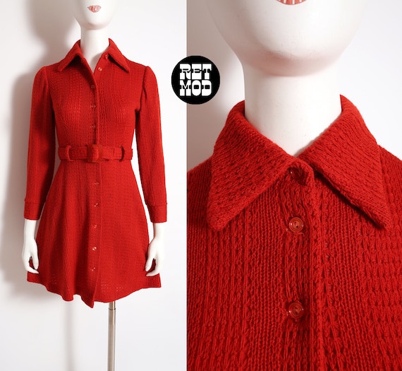 Fabulous Vintage 60s 70s Rust Knit Dress with Dagg