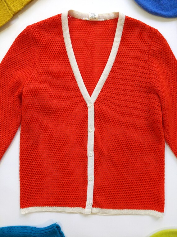 Unique Vintage 60s 70s Orange Netted Cardigan Swe… - image 4