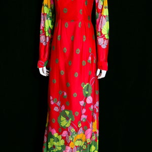 WOW Gorgeous Vintage 70s Red Green Flower Power Long Sleeve Maxi Dress image 2