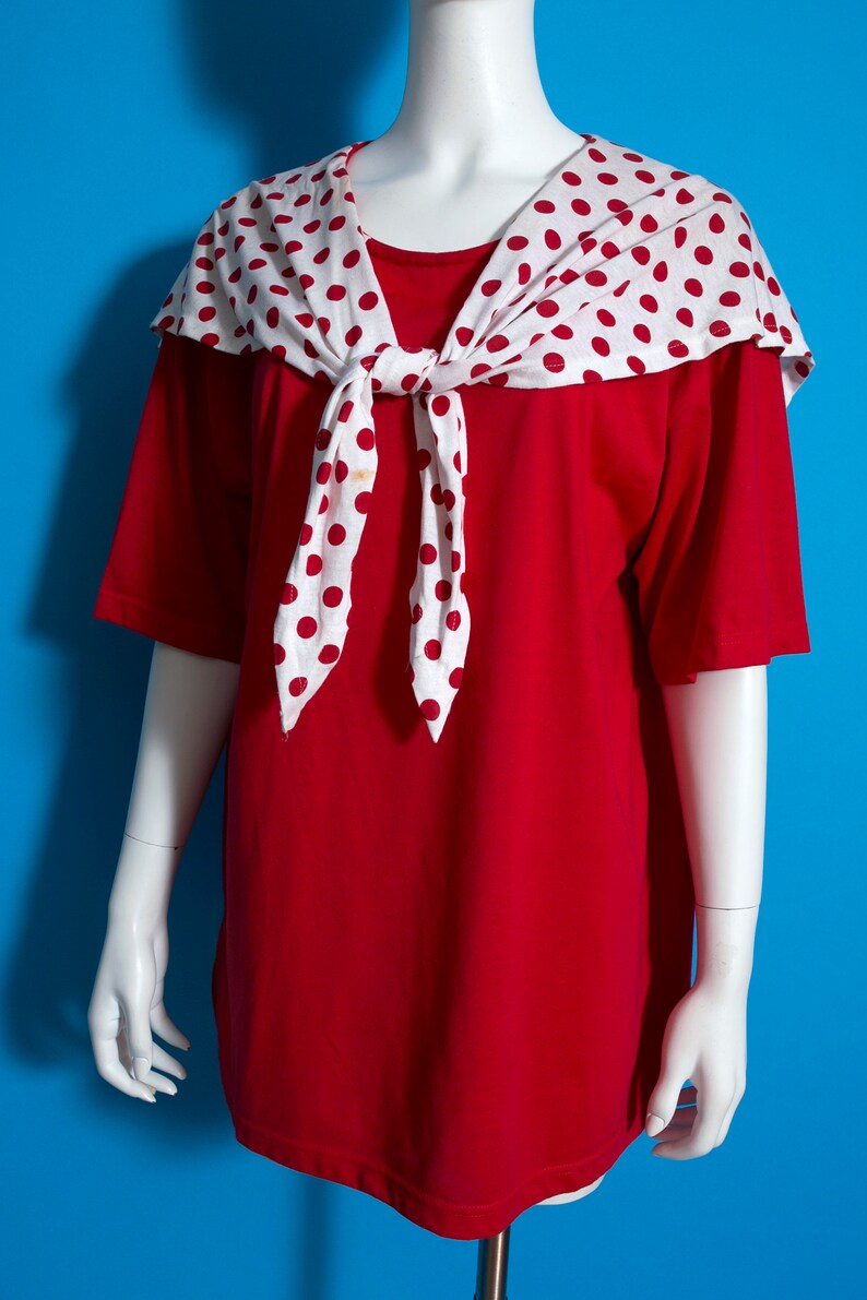 Cute Vintage 80s 90s Red & White Polka Dot Sailor Collar Oversized T-Shirt image 4