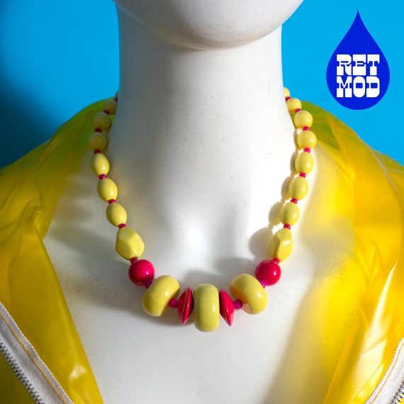 Bright Chunky Vintage Yellow Pink Beaded Statemen… - image 5