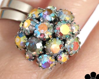 Beautiful Vintage 60s 70s Aurora Borealis Rhinestone Cluster Statement Cocktail Ring by Sarah Coventry