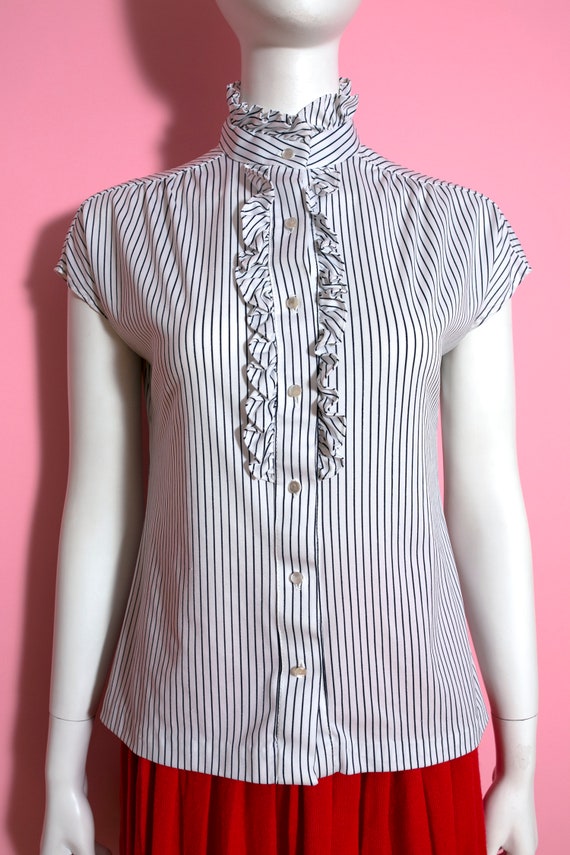 Lovely Vintage 70s White Black Stripe Blouse with… - image 3