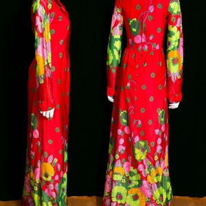 WOW Gorgeous Vintage 70s Red Green Flower Power Long Sleeve Maxi Dress image 7
