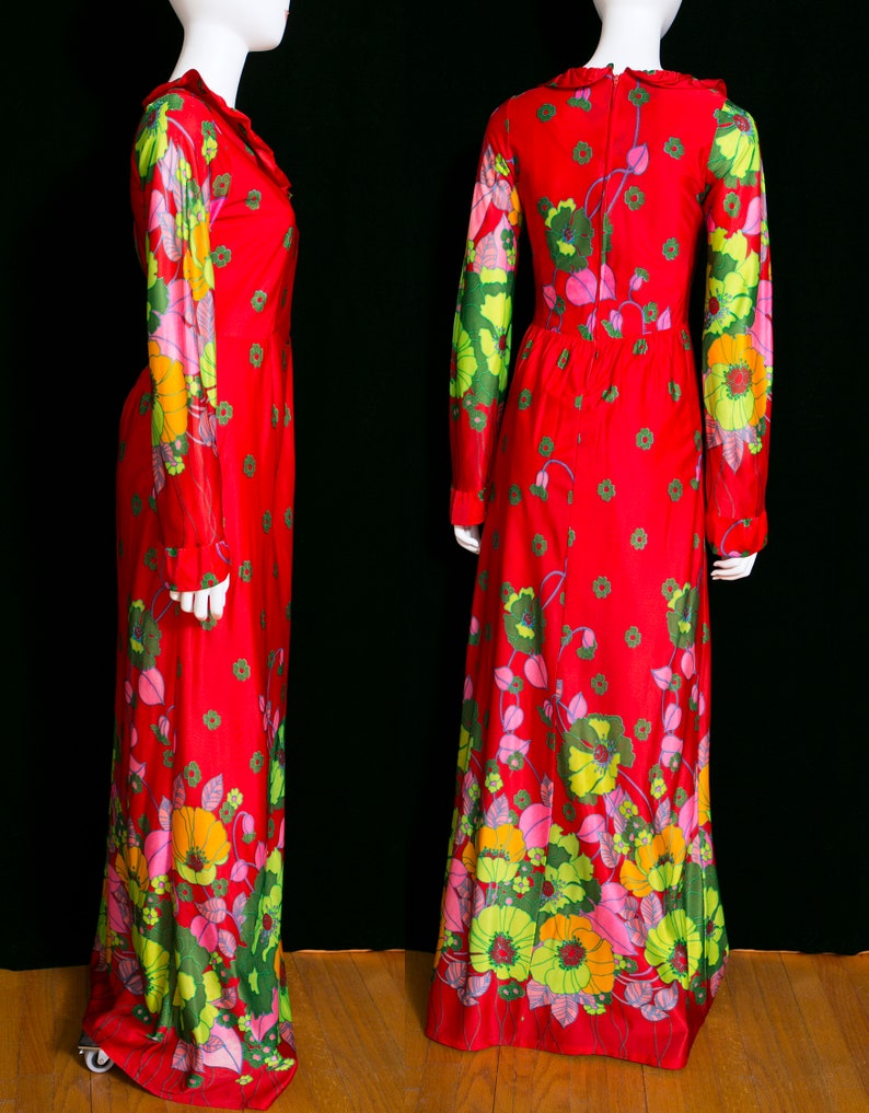 WOW Gorgeous Vintage 70s Red Green Flower Power Long Sleeve Maxi Dress image 7