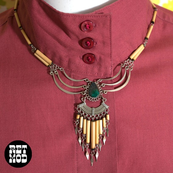 Vintage 70s Tribal Vibes Boho Necklace with Green… - image 2