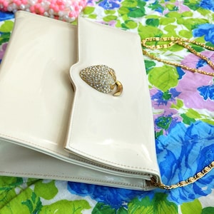 DEADSTOCK Fabulous Vintage Off-White/Khaki-Colored Patent Leather Shoulder Purse with Giant Rhinestone Strawberry image 6