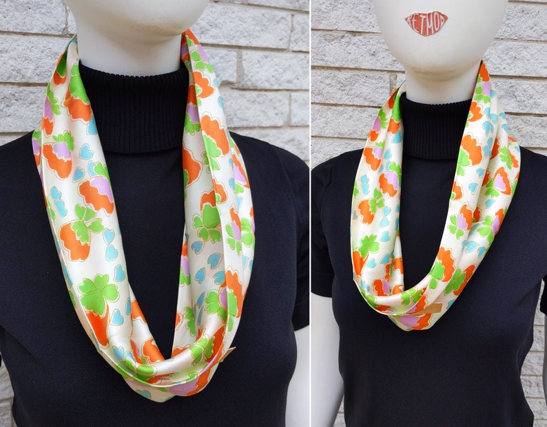 DEADSTOCK Cute Vintage 60s 70s Orange Green White Flower Infinity Scarf image 9