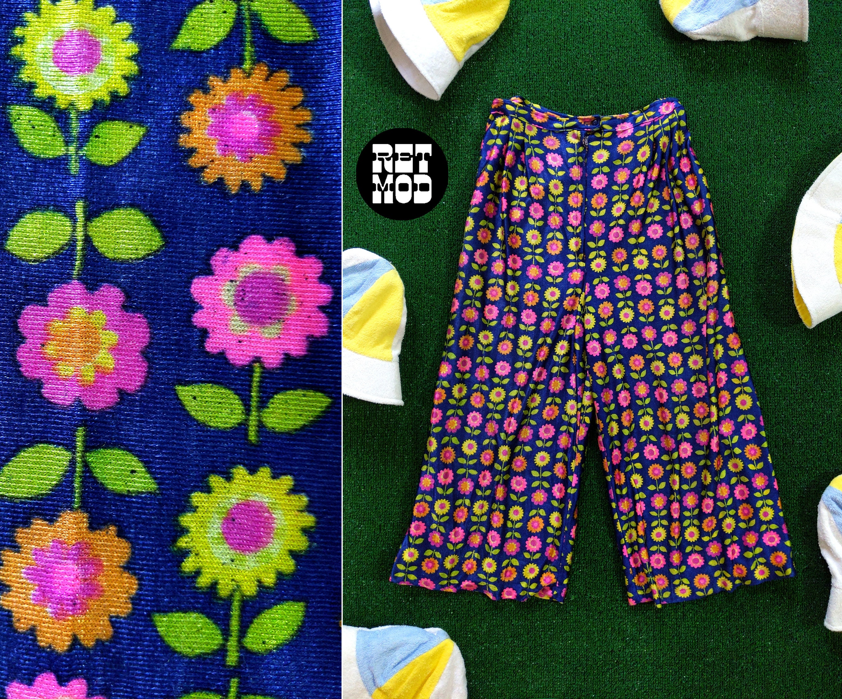 Cute Vintage 60s 70s Blue Pink Green Flower Power Nylon Cropped