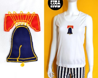 Vintage 60s 70s White Tank with Americana Bell Appliqué