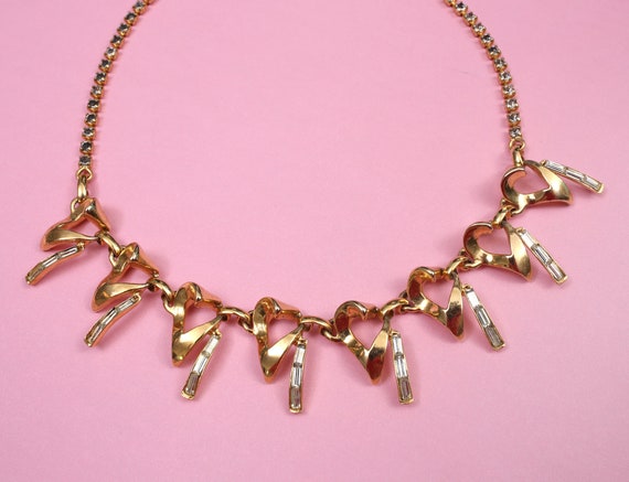 Lovely Vintage 60s 70s Gold Rhinestone Heart Chok… - image 1