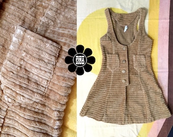 JUNIOR/PRETEEN SIZE - Soft Vintage 60s 70s Light Brown Wide Corduroy Jumper Dress