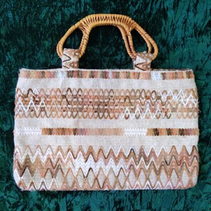 Vintage 70s 80s Beige Embroidered Chevron Patterned Burlap Purse with Wicker Handles image 2